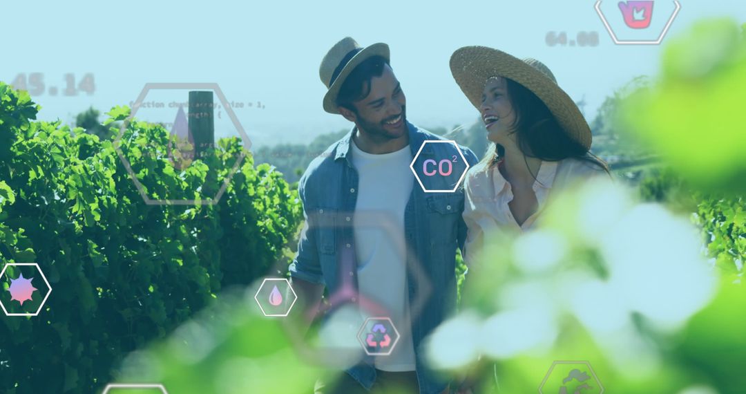 Happy Caucasian Couple Strolling Through Sunlit Vineyard
