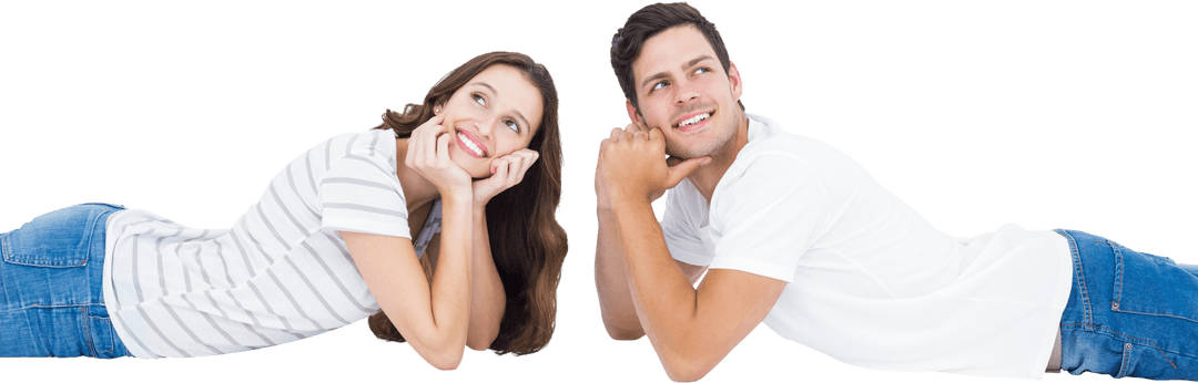 Happy Couple Lying on Floor with Playful Expressions Transparent Background