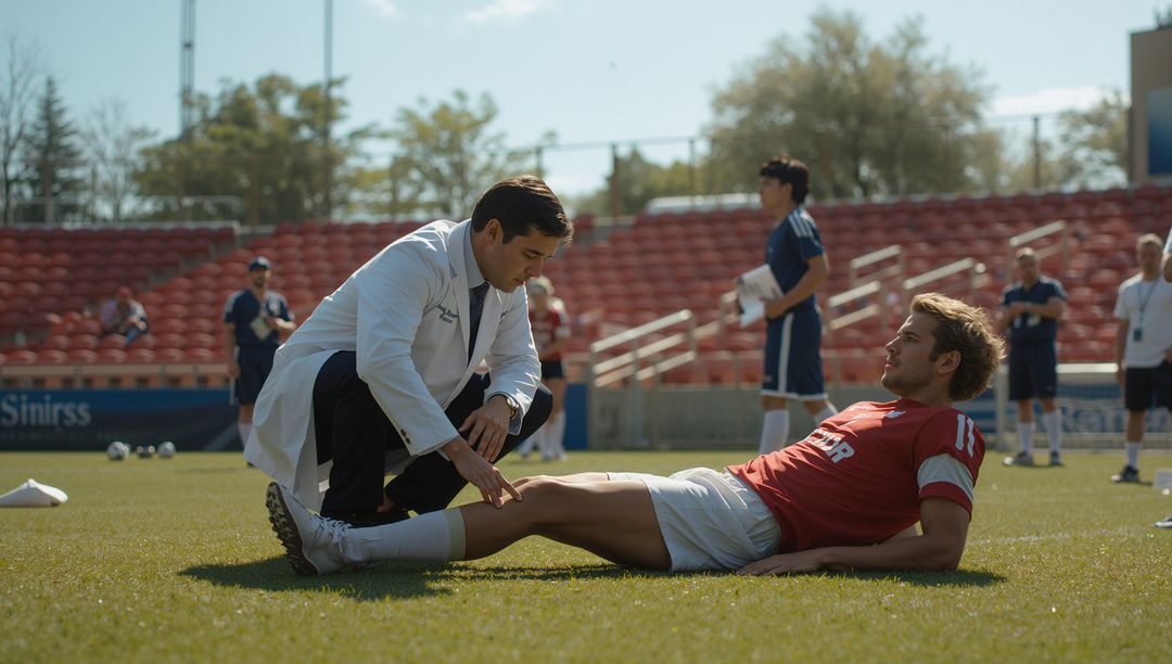 Sports Medic Assisting Injured Soccer Player on Field with Team