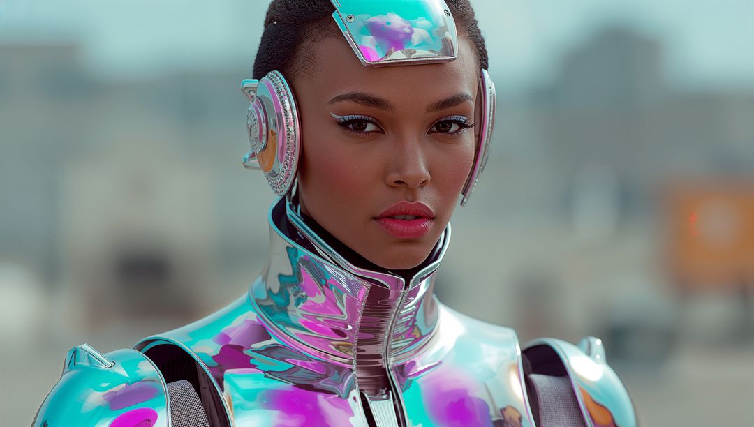 Futuristic Model in Iridescent Metallic Armor on Urban Rooftop