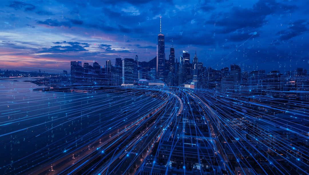 Cityscape Ocurring with Blue Data Trails and Futuristic Technology