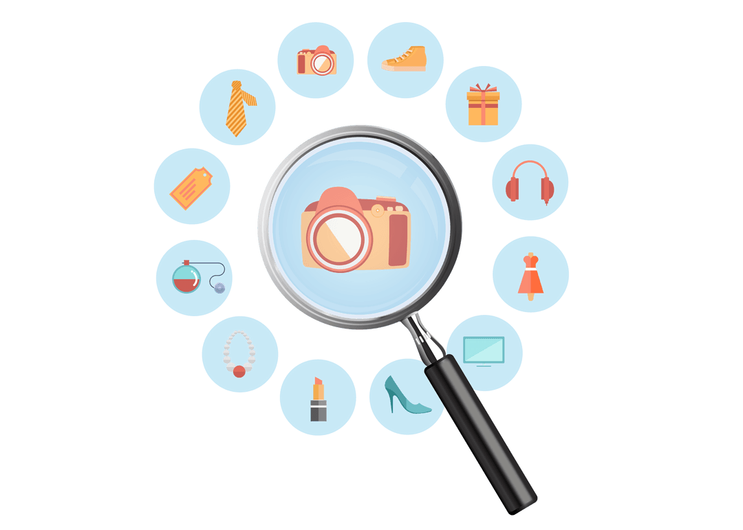 Digital Magnifying Glass Analyzing Shopping Icons on Transparent Background