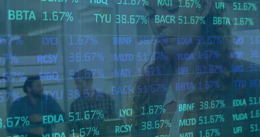 Businesswoman Analyzing Stock Market Data on Transparent Display