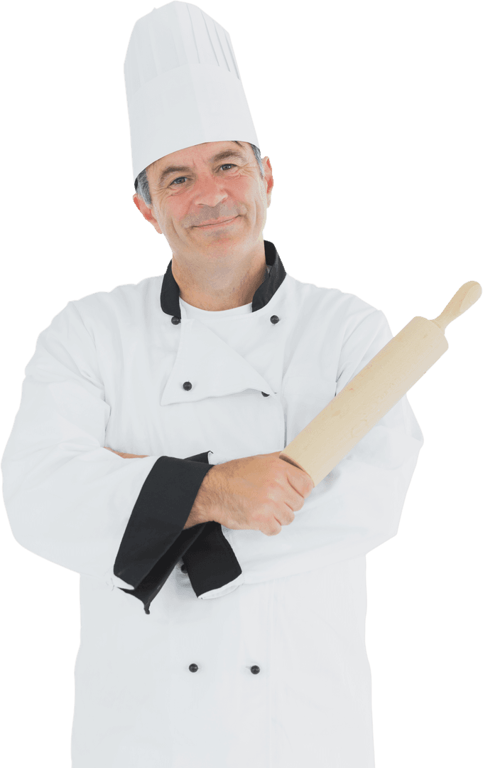Smiling Male Chef Holding Rolling Pin in Transparent Background