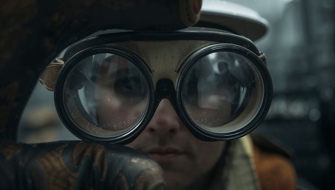Vintage Aviator with Fogged Goggles Peering Through