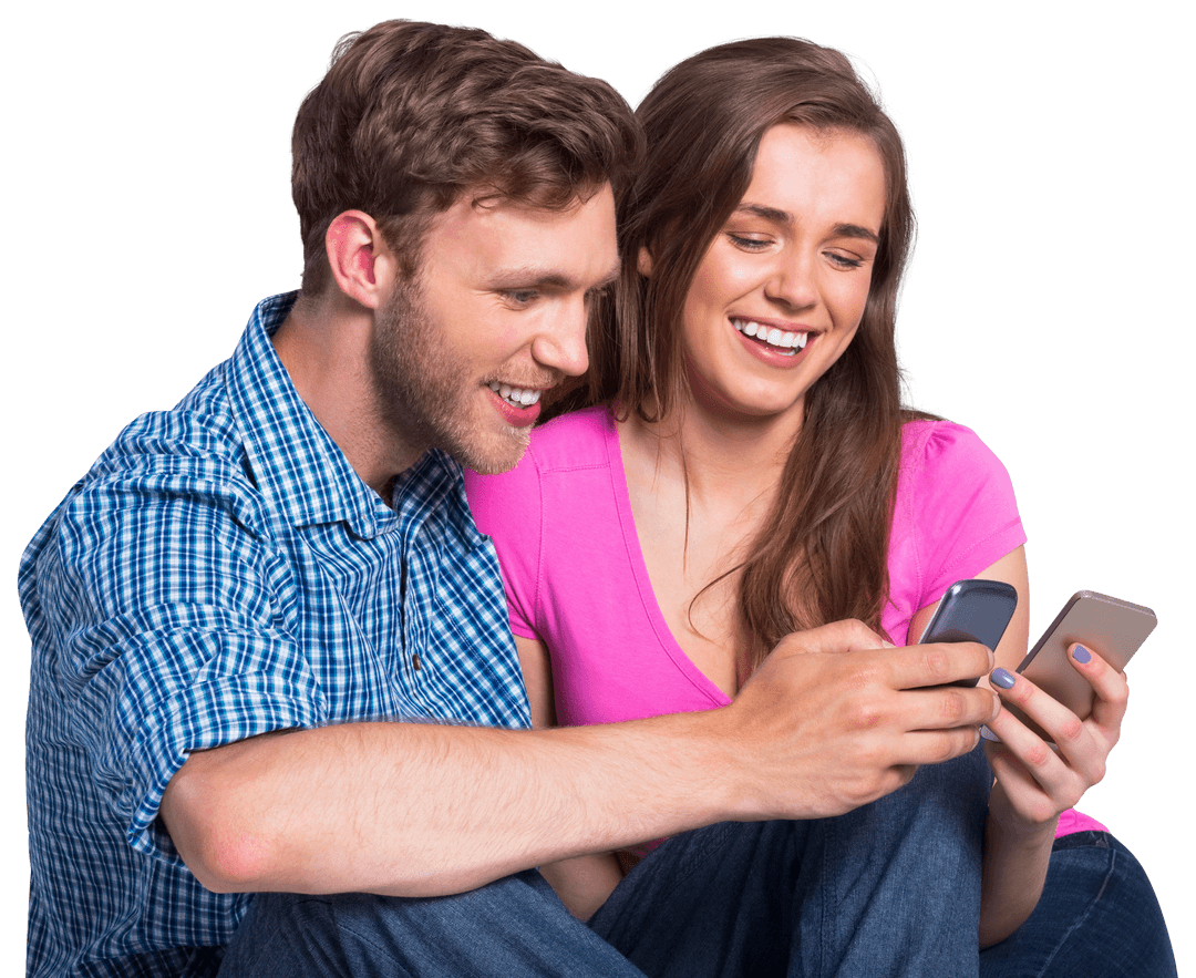 Cheerful Young Couple Sharing Joy on Mobile Phones Transparent Background