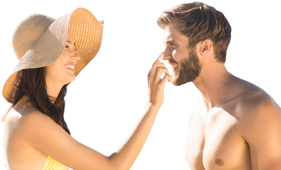 Transparent Image of Happy Couple Applying Sunblock on Vacation