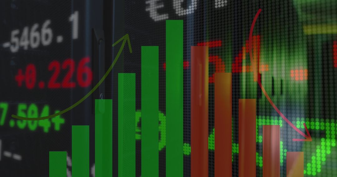Rising Green and Red Bar Charts over Digital Data Display