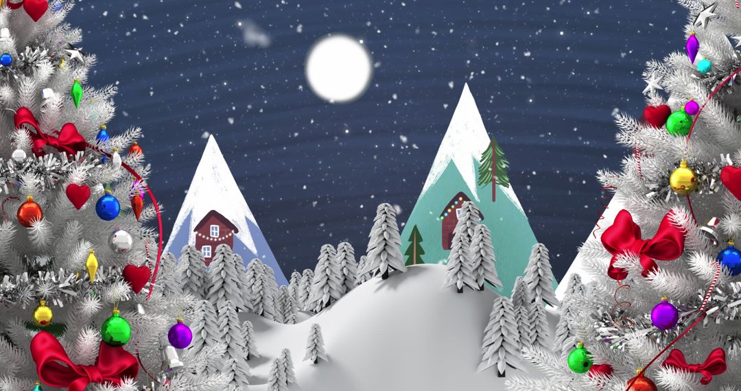 Snowy Christmas Scene with Decorated Trees and Moonlit Sky