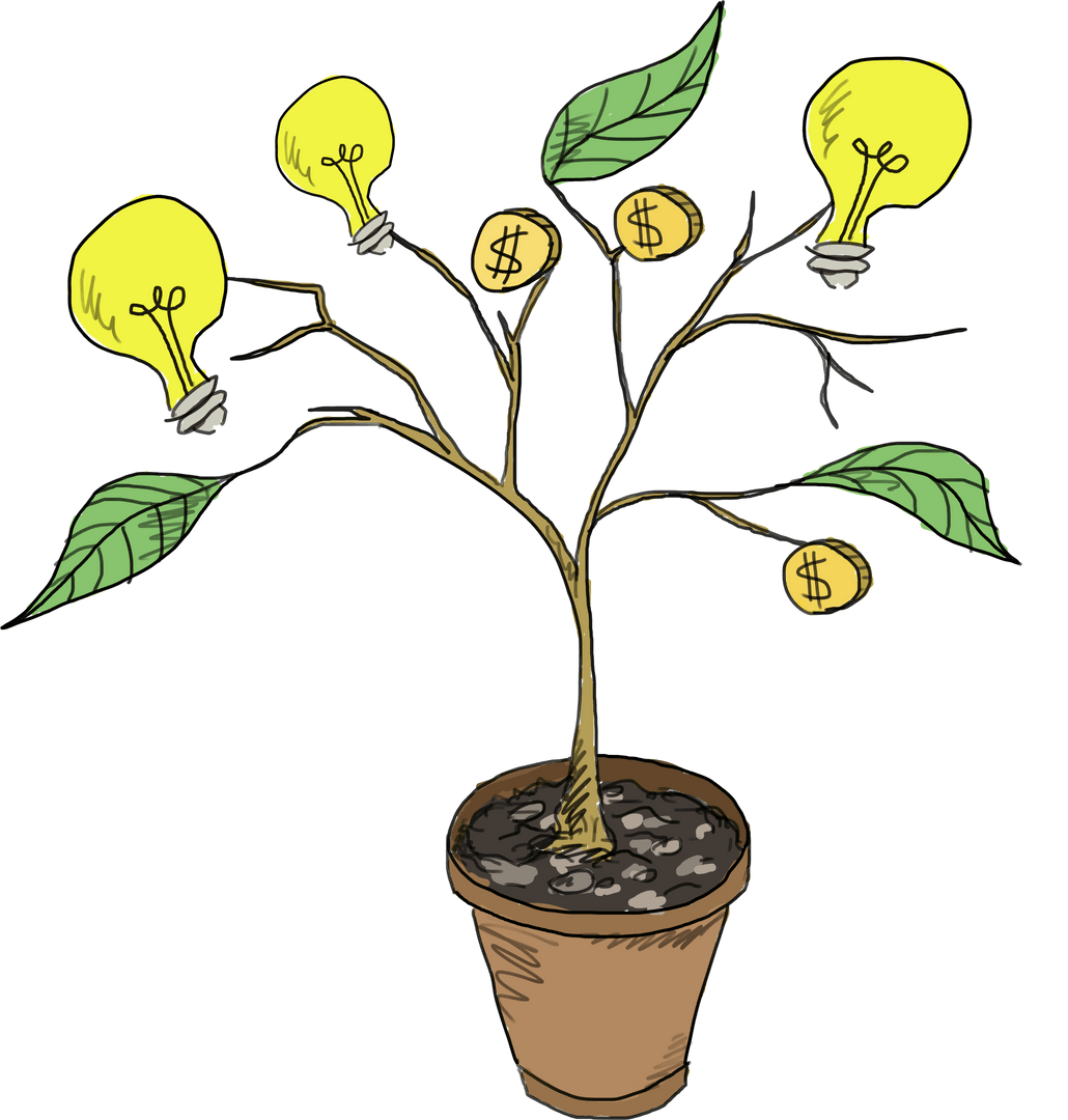 Transparent Growth Plant with Coins and Ideas Concept