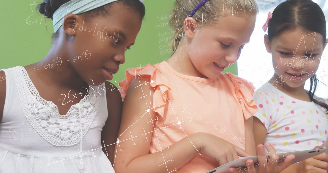 Diverse Children Using Tablet With Math Formulas Overlay