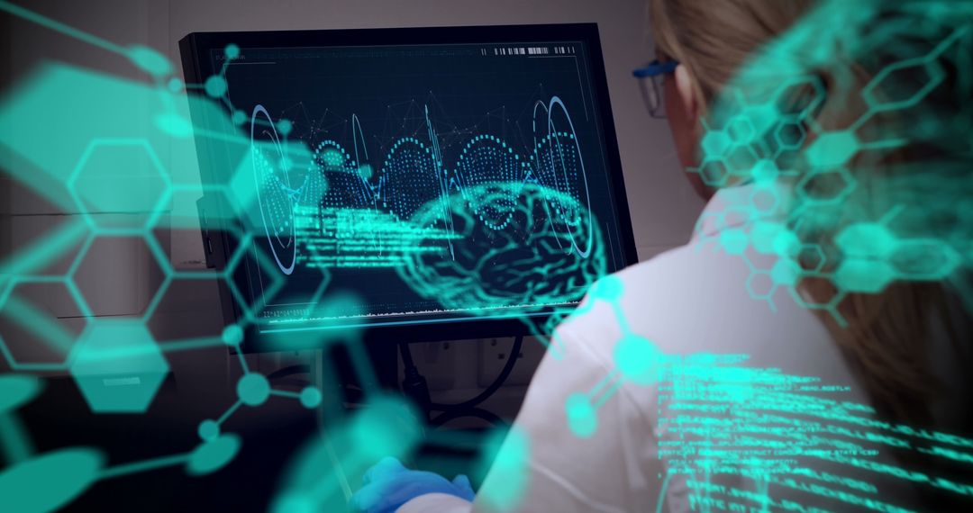 Scientist Analyzing Brain Data with AI and DNA Helix Visuals
