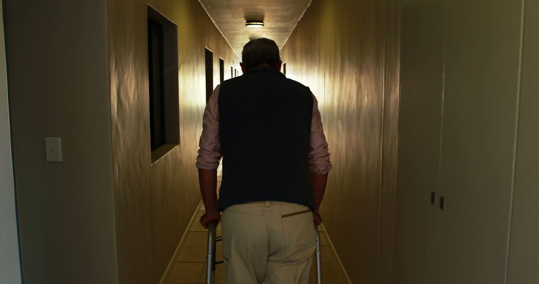 Elderly Man Using Walker in Long Dimly Lit Hallway - Free Images, Stock Photos and Pictures on Pikwizard.com