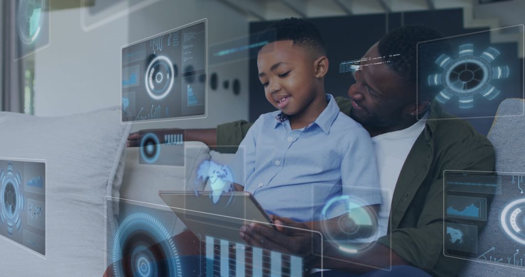 African American Father and Son Utilizing Technology