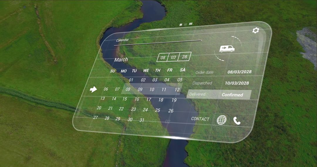 Futuristic Calendar Interface over Serene Landscape