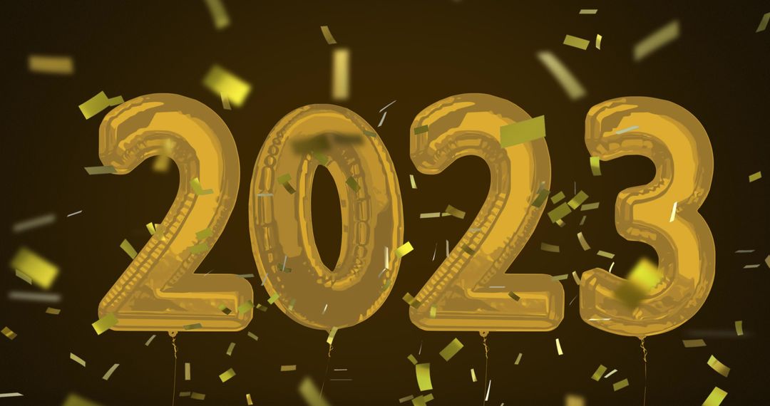 Golden 2023 Balloons with Falling Confetti on Dark Background