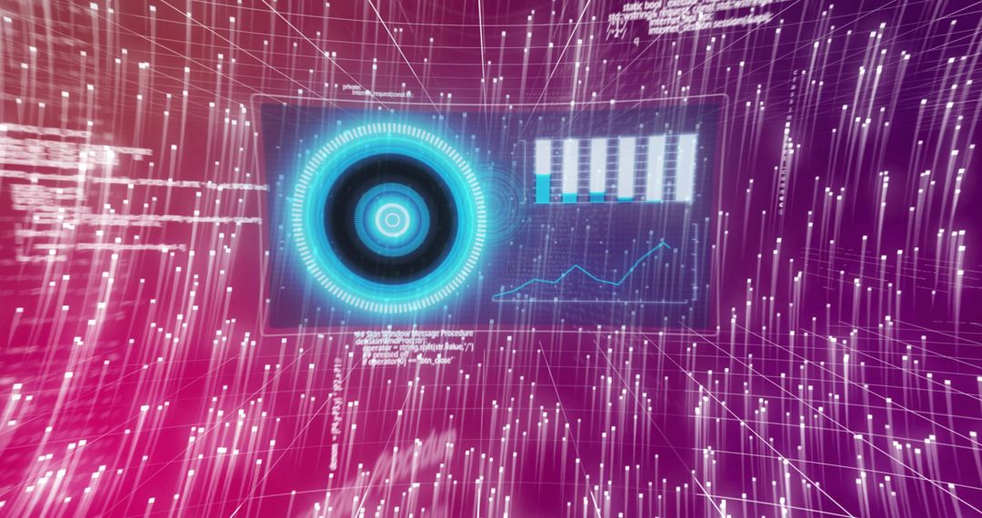 Futuristic Holographic Data Dashboard with Cyan Ring and Line Graph in Neon Grid Field