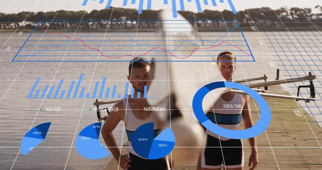 Rowing athletes training on dock with analytics overlays and performance visualization