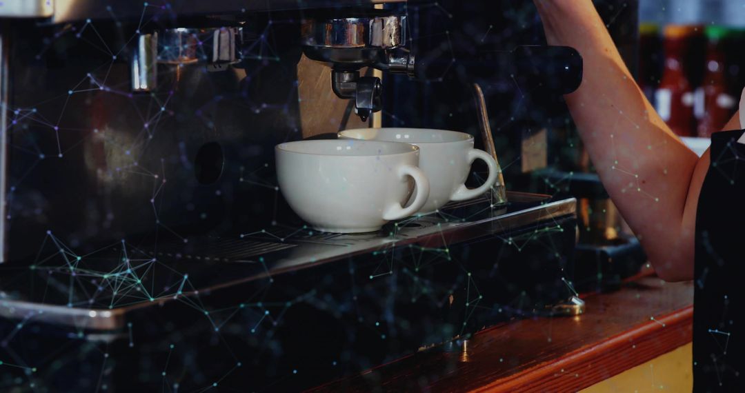 Barista Pulling Double Espresso into White Cups on Commercial Machine with Tech Overlay