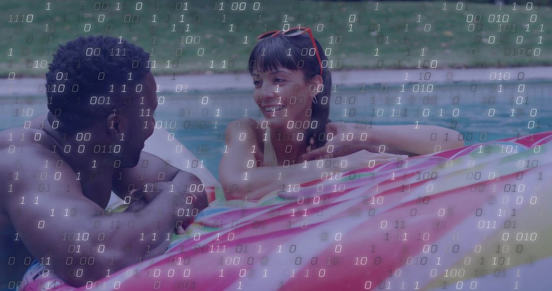 Smiling Couple Relaxing on Colorful Raft in Backyard Pool