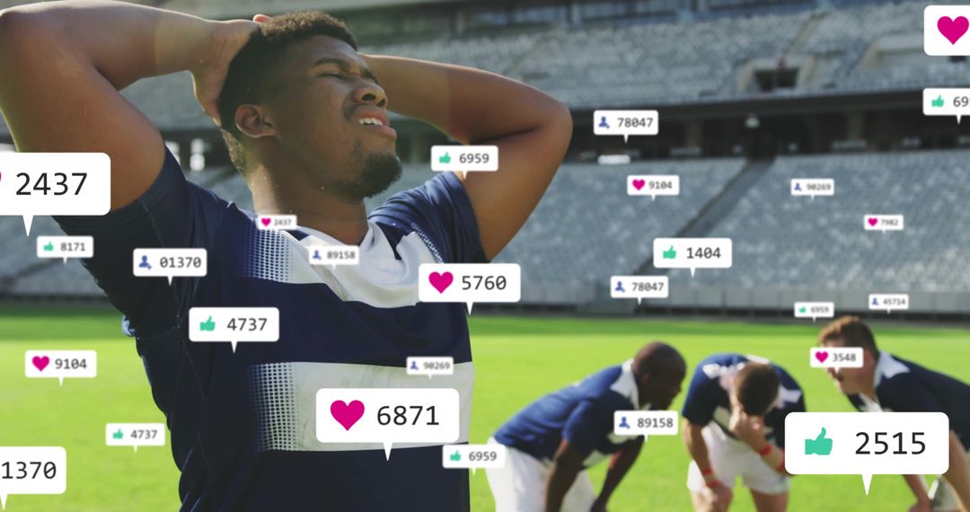 Rugby Player on Field Surrounding with Social Media Engagement