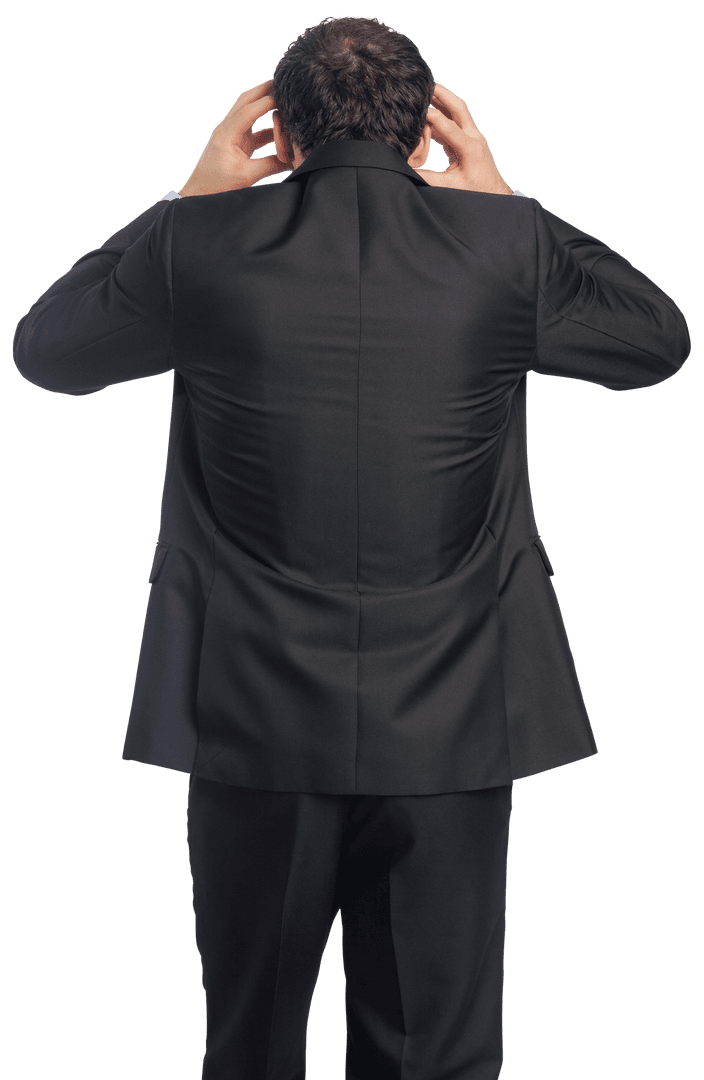 Transparent Stressed Businessman with Hands on Head from Back View
