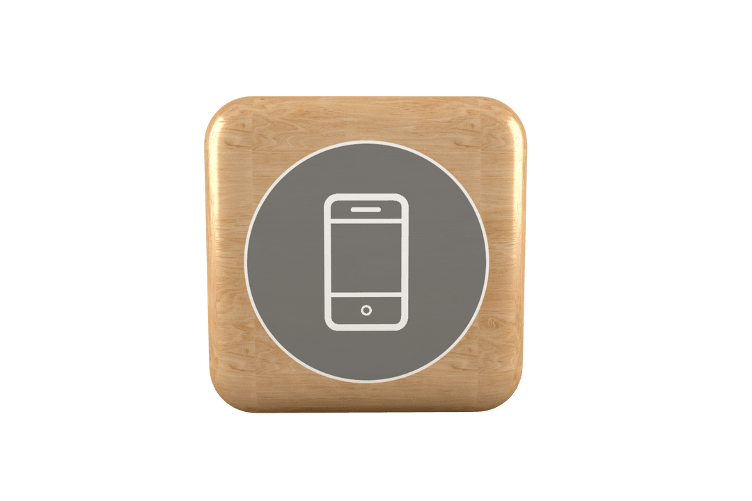 Transparent Mobile Phone Icon on Brown Wooden Cube