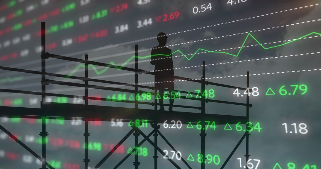 Female Architect on Scaffolding with Digital Financial Data Overlay