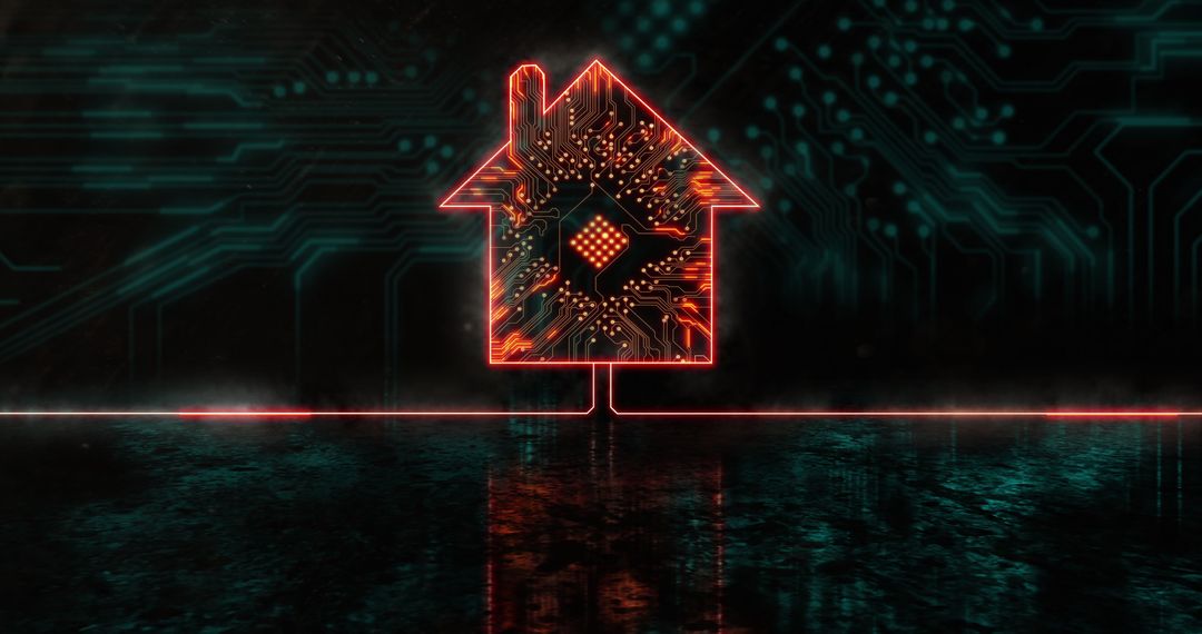 Glowing Circuit House Icon on Digital Chip Background