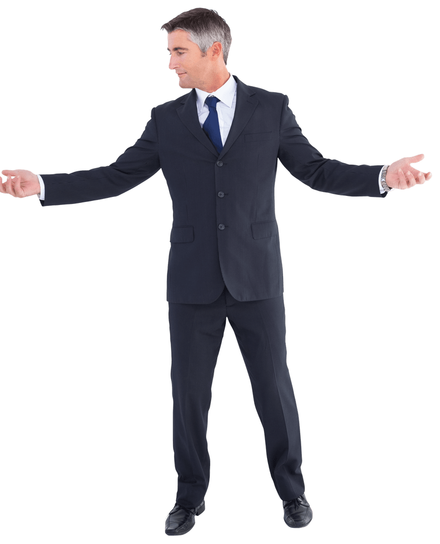 Transparent Businessman in Suit Spreading Arms Confidently