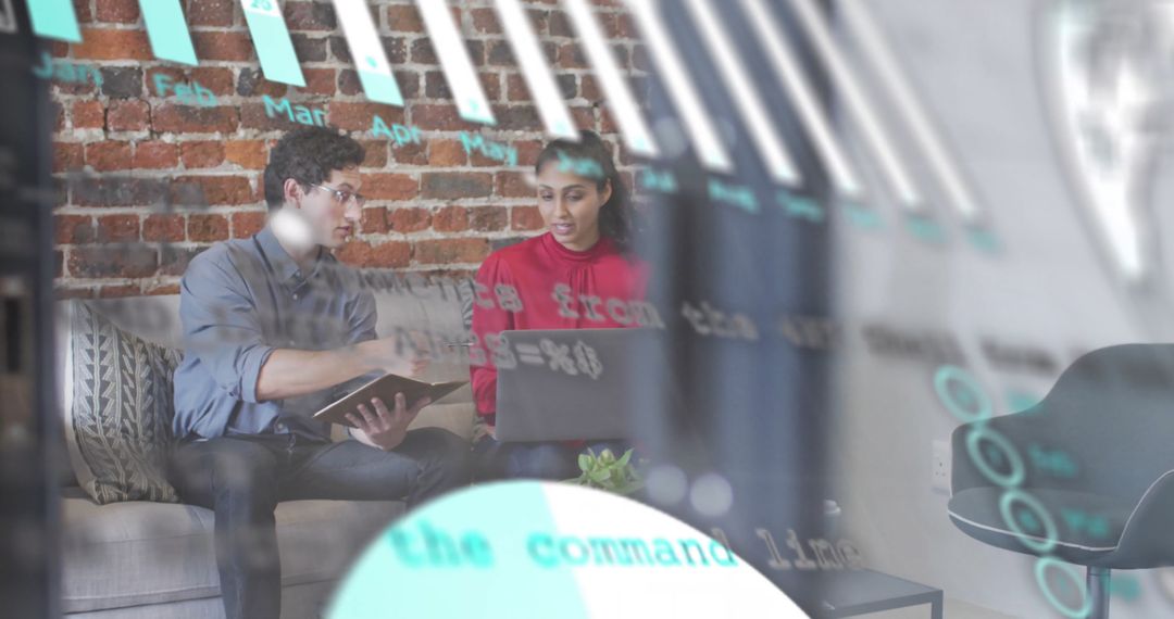 Collaboration in Tech Office with Data Overlay on Multiethnic Team