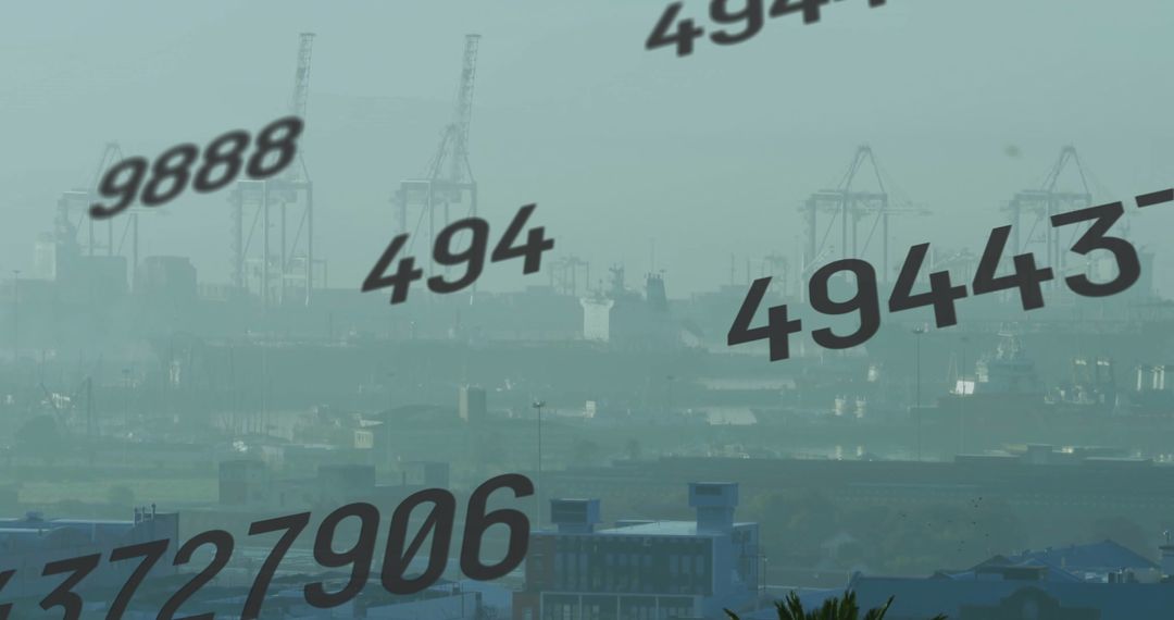 Harbor With Crane Overlays and Numeric Graphics in Foggy Environment