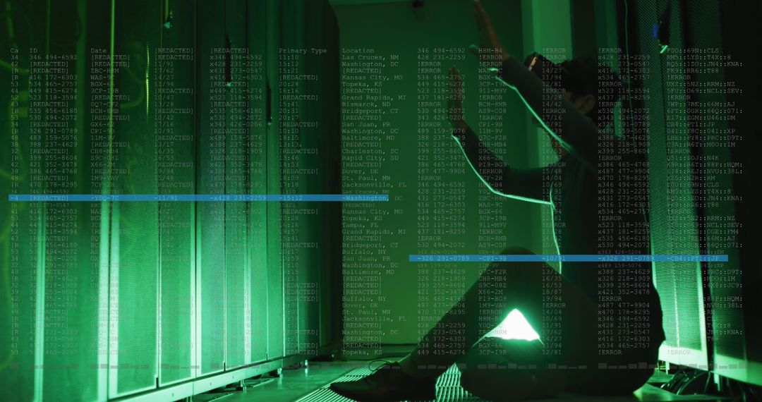 IT Engineer with VR Headset Amidst Digital Data Flow in Servers