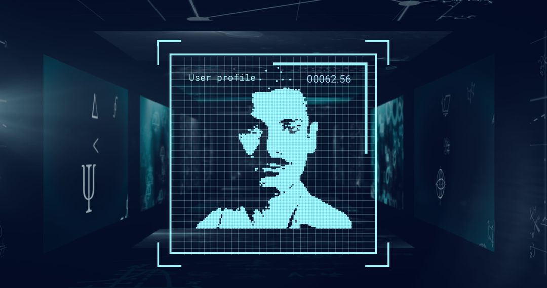 Futuristic Interface with Floating Pixelated Male Face