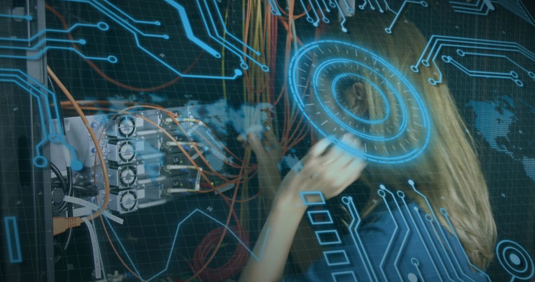 Woman Maintaining Server with Futuristic Holographic Interface
