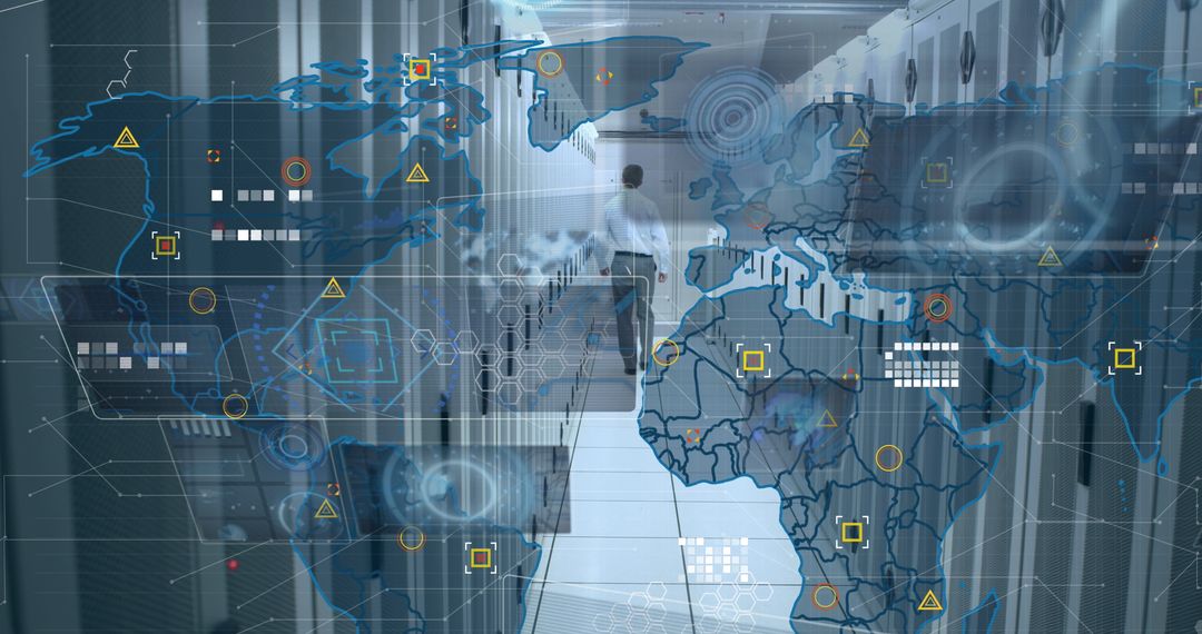 Futuristic Data Processing and Global Technology in Modern Server Room