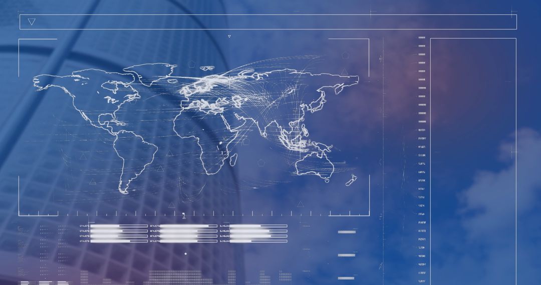 Digital Interface with World Map Over Urban Skyline