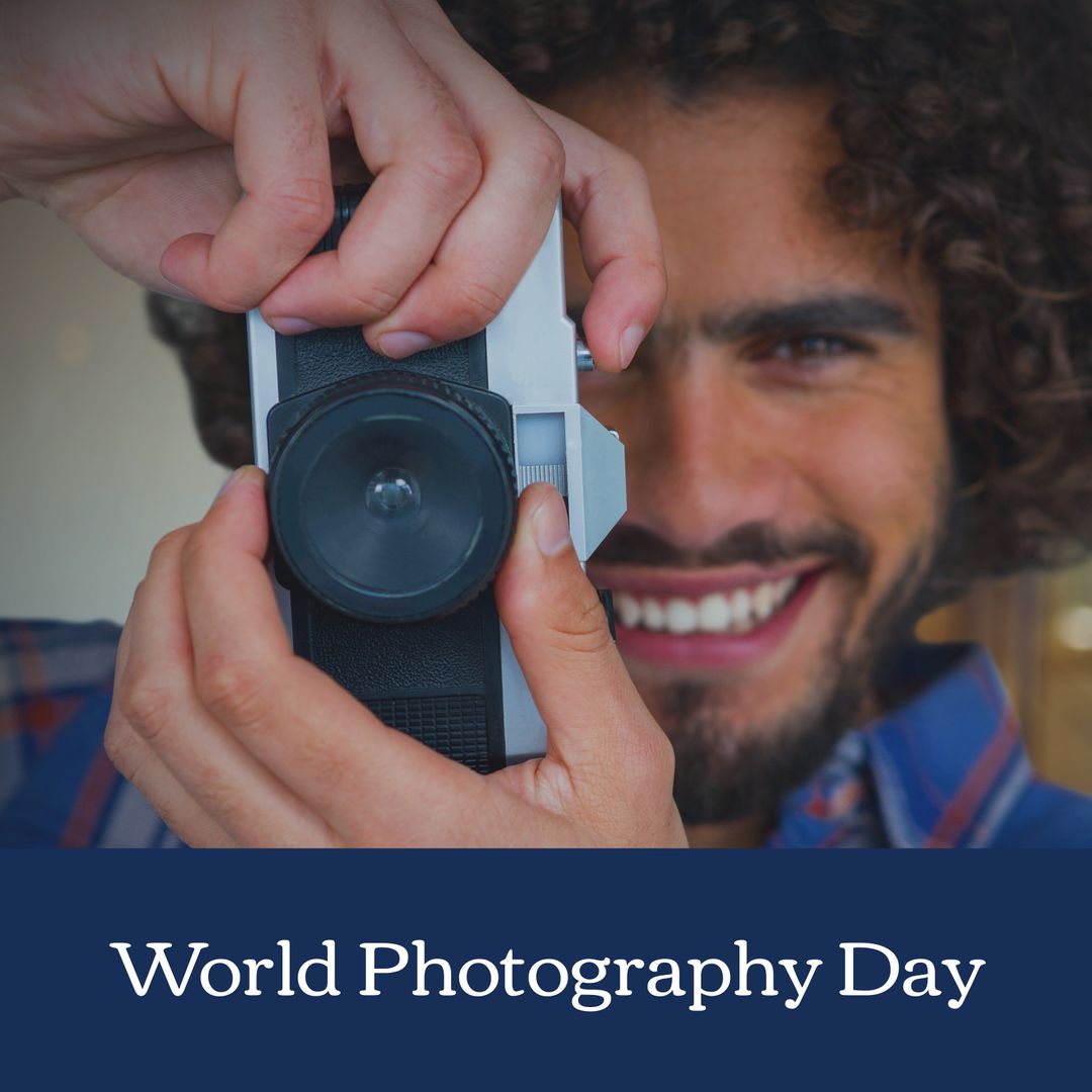 smiling man enjoying world photography day with camera - Download Free Stock Images Pikwizard.com