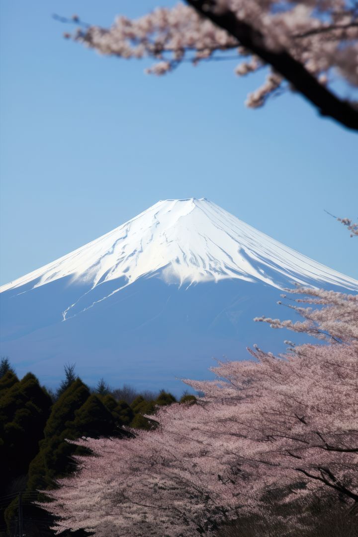 Majestic Snow-capped Mount Fuji Behind Cherry Blossom Trees - Free Images, Stock Photos and Pictures on Pikwizard.com