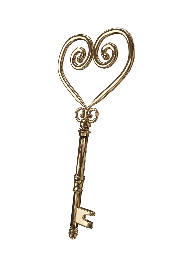 Golden Heart Shaped Key with Transparent Background for Love Themes