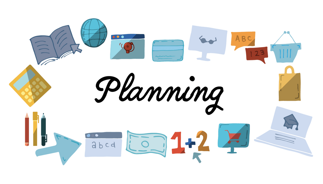 Business Icons on Transparent Background with Planning Text