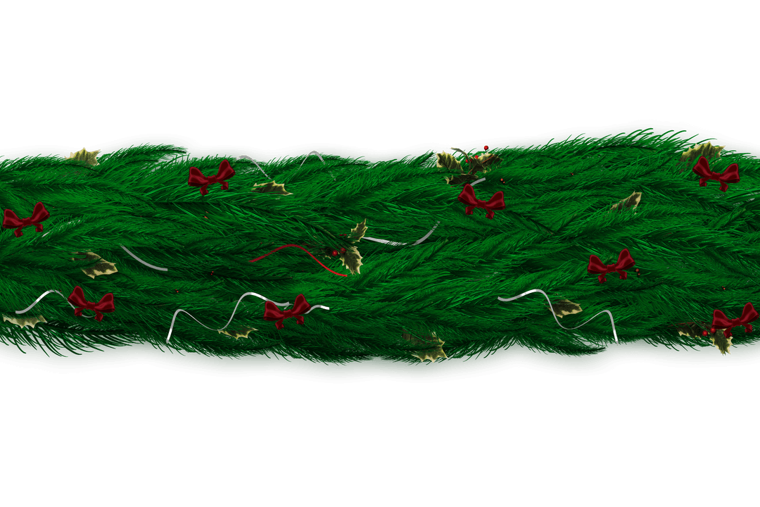 Festive Fir Branch Garland with Red Bows and Golden Accents on Transparent Background