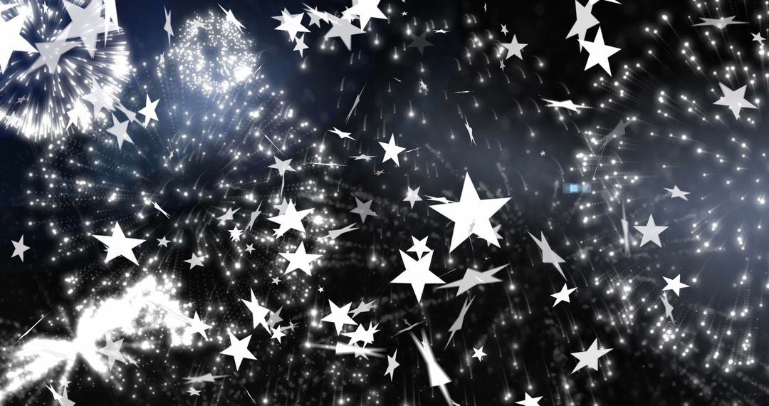 Festive White Stars with Fireworks Exploding on Black Background