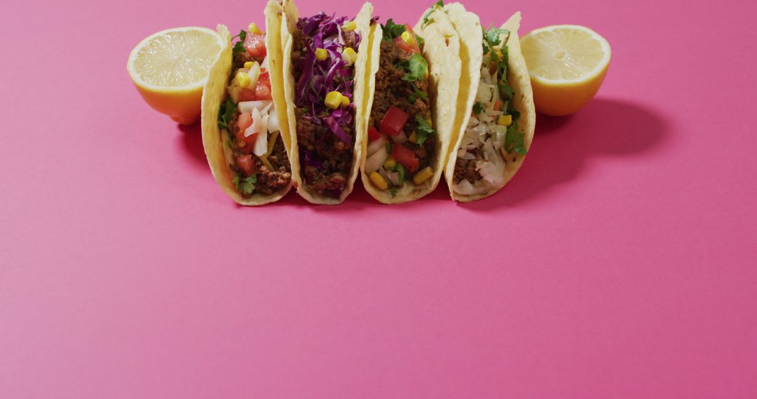 Assorted Tacos on Pink Background with Lemon Halves - Free Images, Stock Photos and Pictures on Pikwizard.com