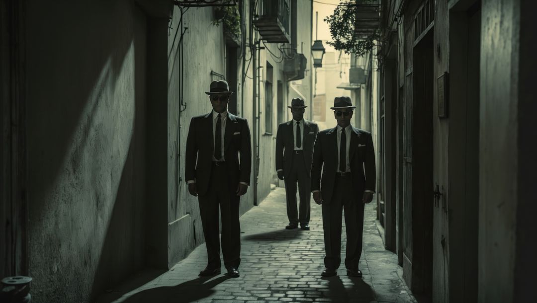 Mysterious bodyguards in suits in lantern-lit cobblestone alley