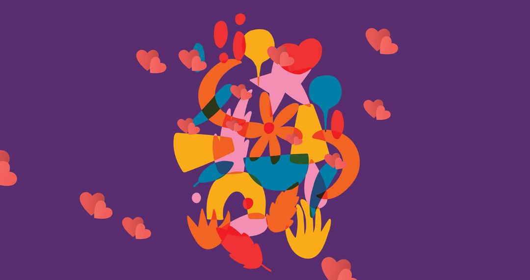 Vibrant Botanical Abstract with Heart Motif on Purple