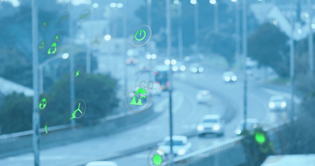 Eco Icons Overlay on City Highway at Dusk