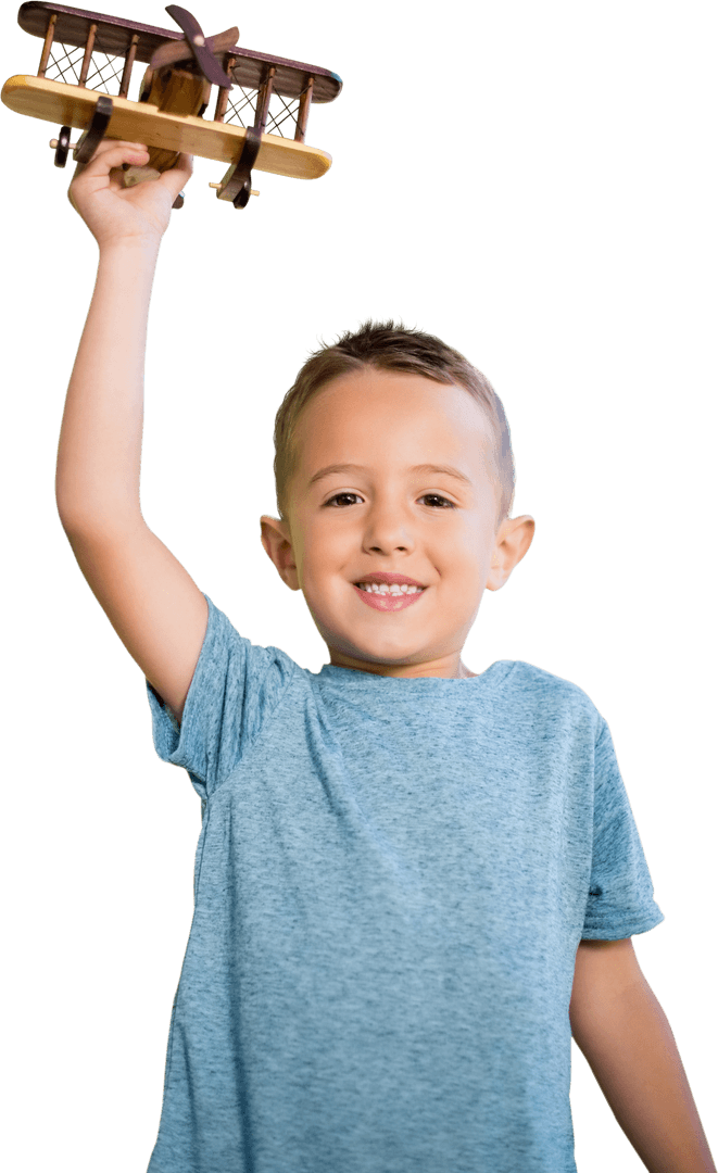 Joyful Young Boy Playing with Toy Airplane on Transparent Background