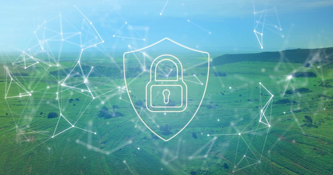 Digital Security Shield Overlay on Vast Green Landscape