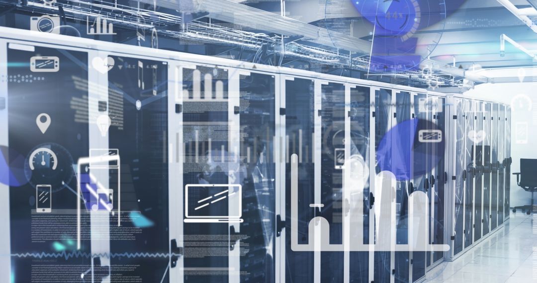 Advanced Data Center Servers with Digital Infographics Overlay